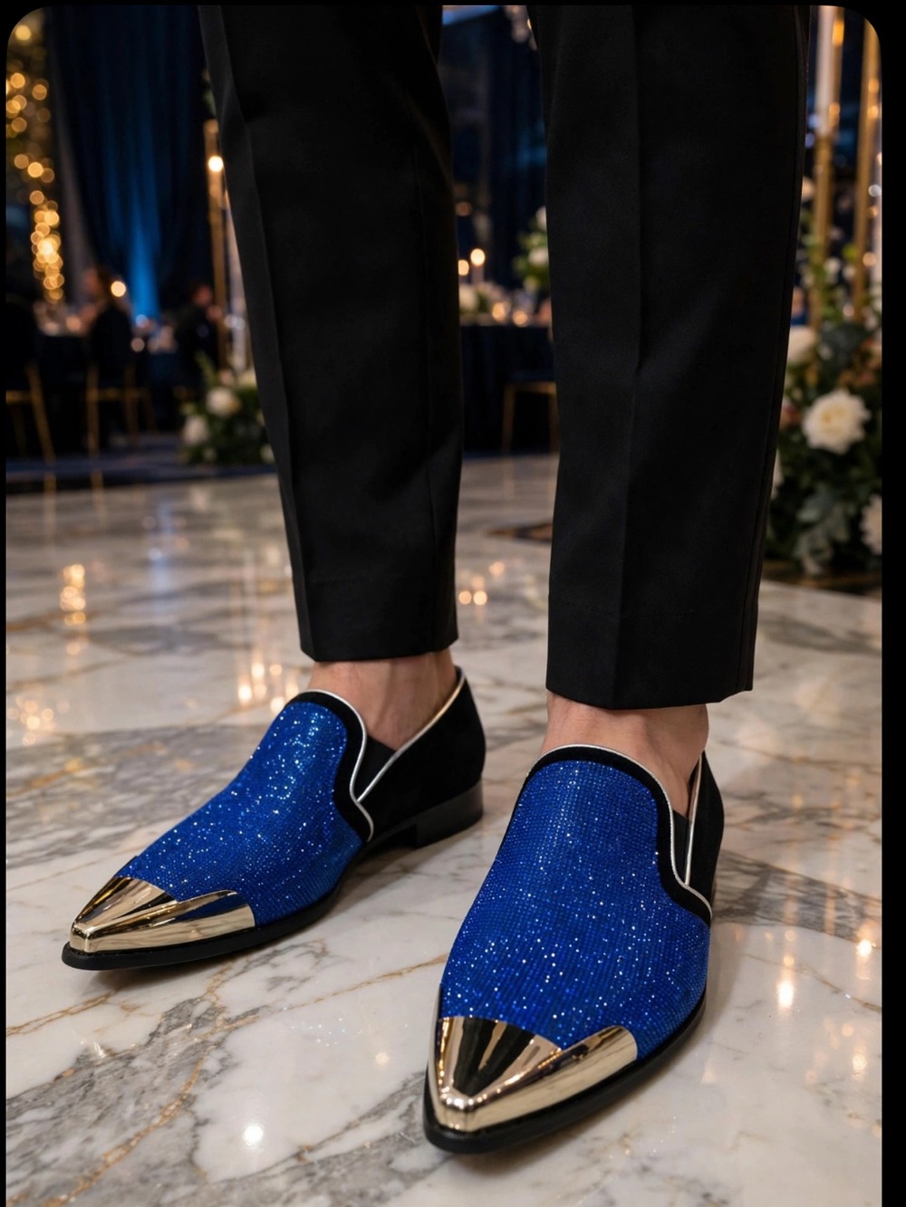 SIP Royal Blue Glitter Crystal Loafers Gold Metal Toe Cap Shoes Men’s 9.5 Tuxedo